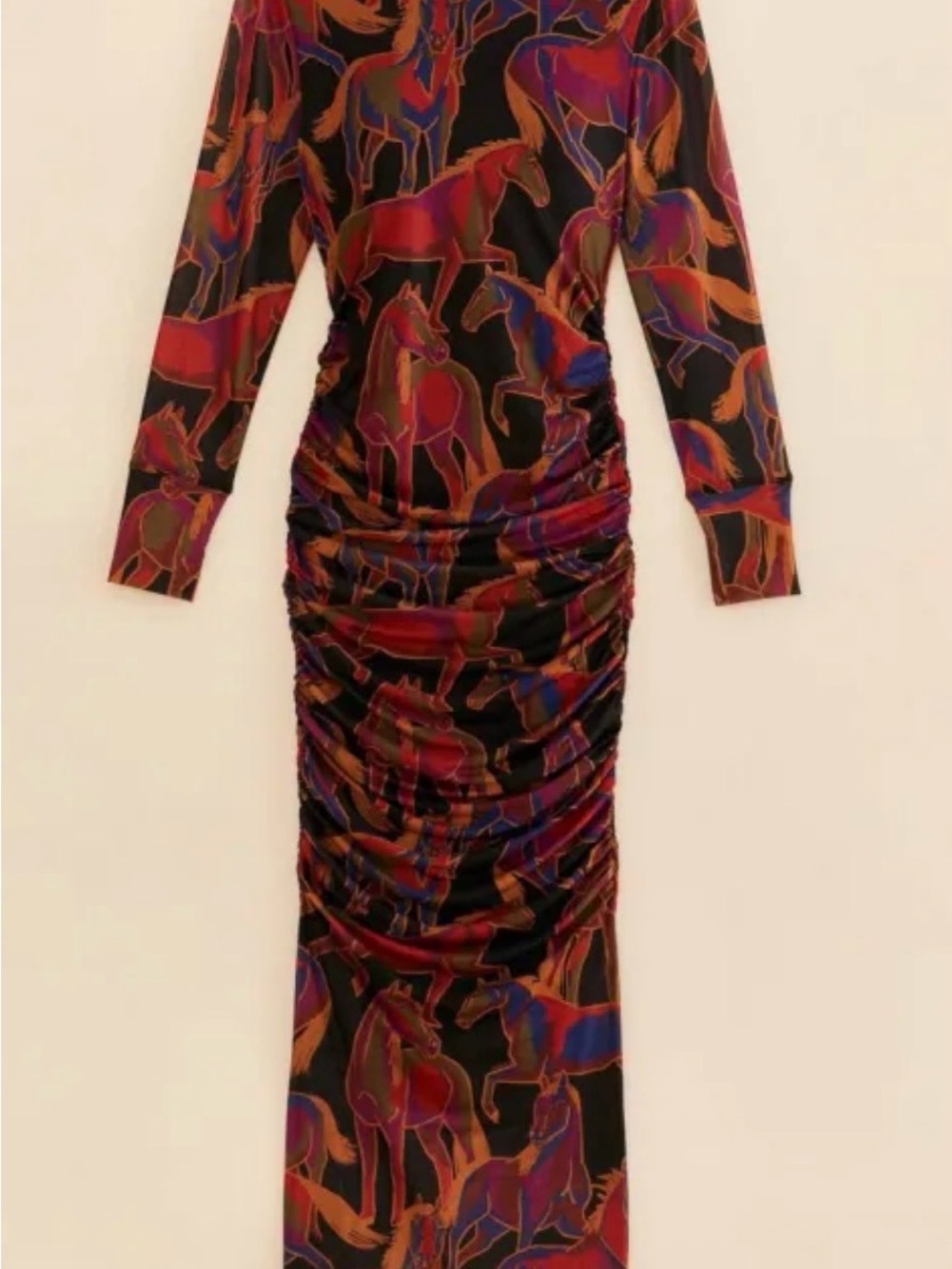 FARM Rio Multi Horse-Print Long Sleeve Ruched Midi Dress in Black, Red, Purple